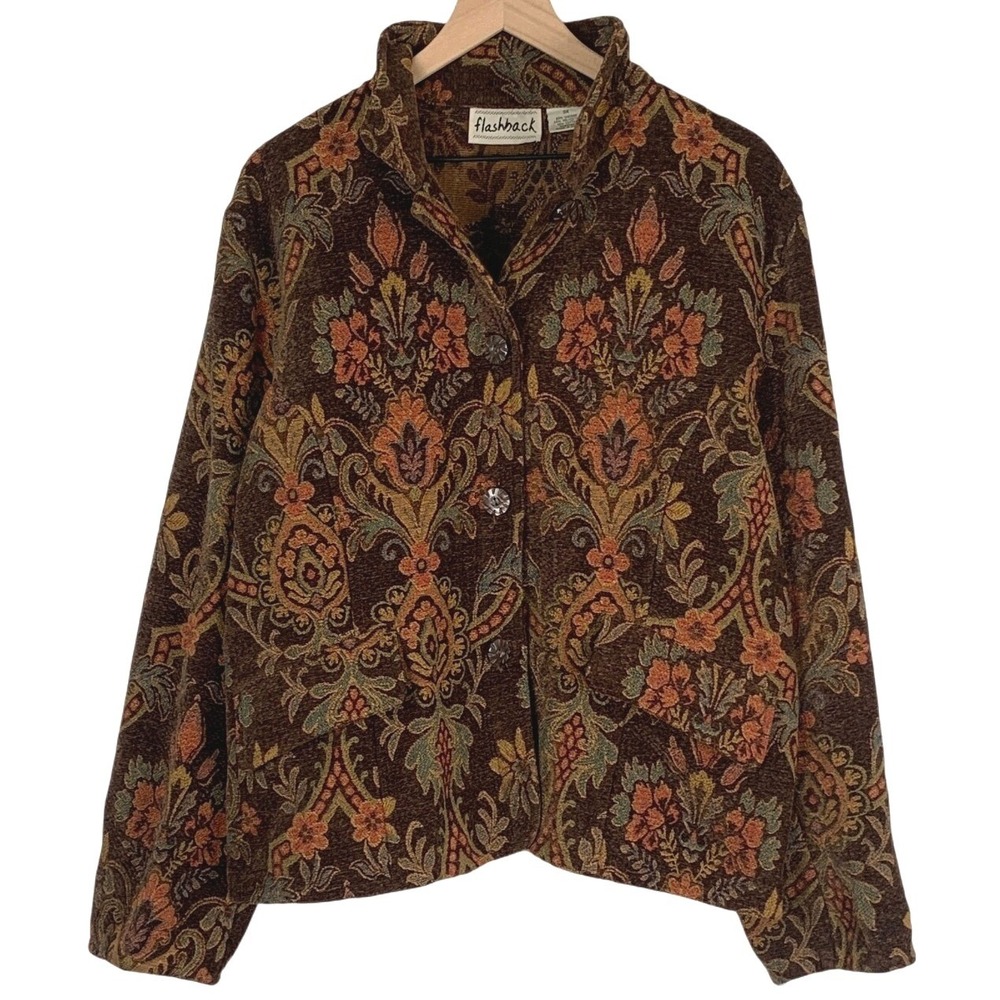 VTG FLASHBACK Tapestry Floral Damask Jacket Sz 3X Brown Chenille Button Blazer